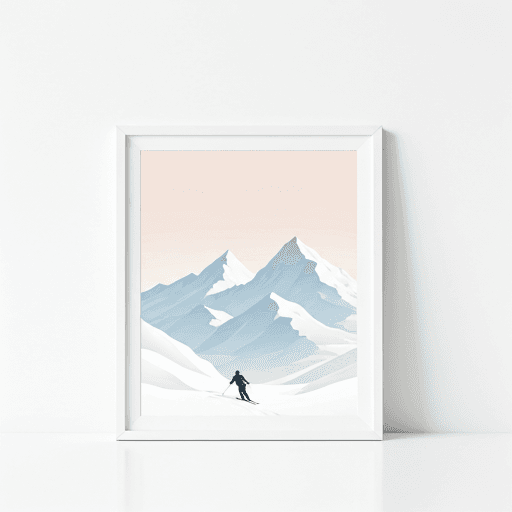 Snowy mountain peaks with skier silhouette